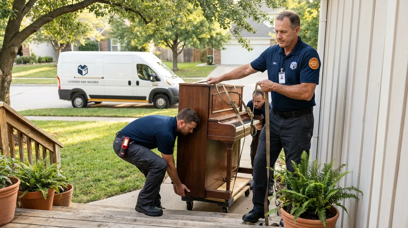 Licensed piano movers securing grand piano in Odin, IL