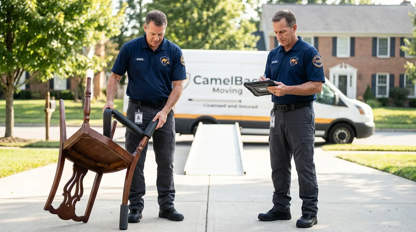 Movers inspecting furniture for damage prevention before loading in Odin, IL